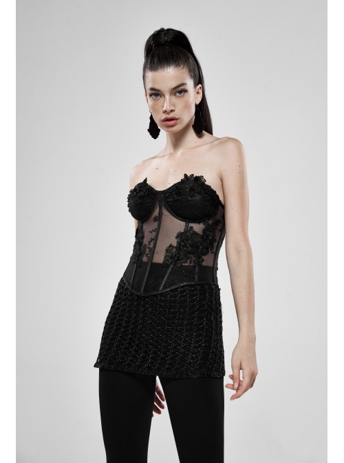 Three-Dimensional Decals Back Waist Lace-Up Black Gothic Embroidery Mesh Corset