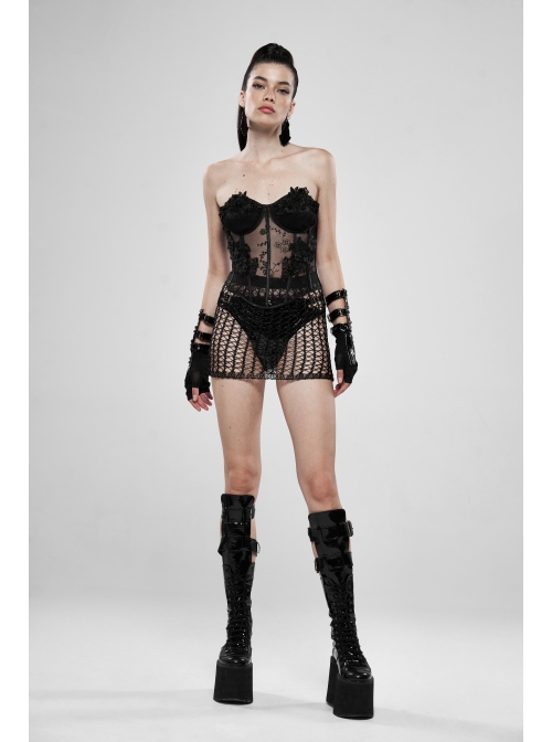 Three-Dimensional Decals Back Waist Lace-Up Black Gothic Embroidery Mesh Corset