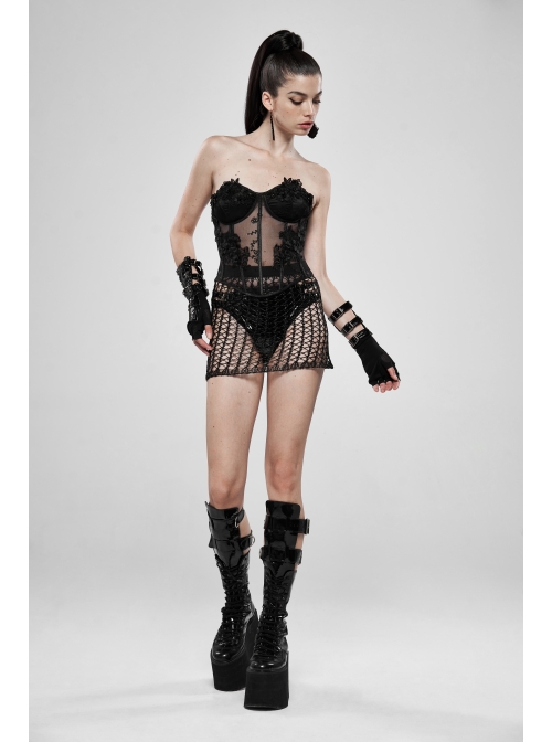 Three-Dimensional Decals Back Waist Lace-Up Black Gothic Embroidery Mesh Corset