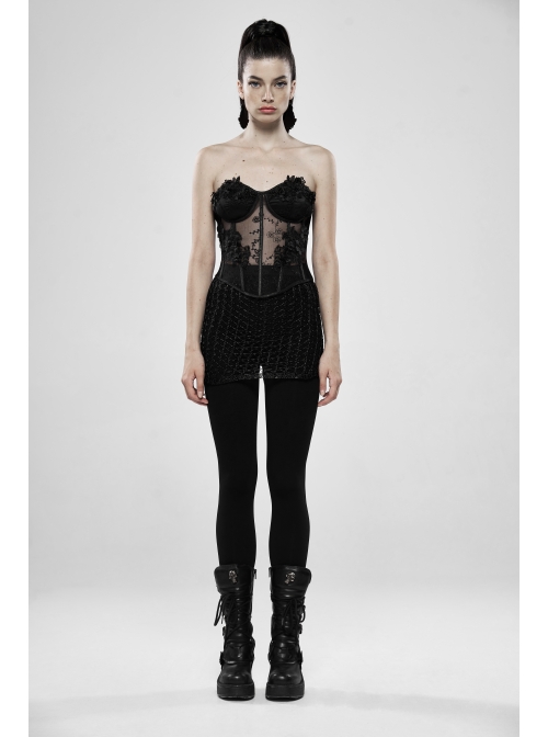 Three-Dimensional Decals Back Waist Lace-Up Black Gothic Embroidery Mesh Corset