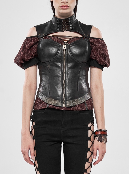 Metal Buckle High Collar Front Chest Hollow-Out Backless Back Waist Lace-Up Black Punk Spray Painting Corset