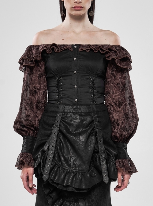 Off-Shoulder Front Chest Frill Lantern Sleeve Back Waist Lace-Up Black And Wine Red Punk Jacquard Retro Chiffon Blouse