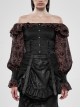 Off-Shoulder Front Chest Frill Lantern Sleeve Back Waist Lace-Up Black And Wine Red Punk Jacquard Retro Chiffon Blouse