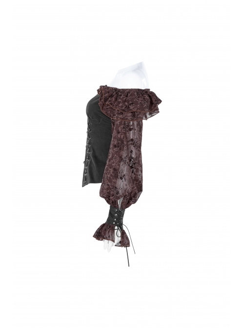 Off-Shoulder Front Chest Frill Lantern Sleeve Back Waist Lace-Up Black And Wine Red Punk Jacquard Retro Chiffon Blouse