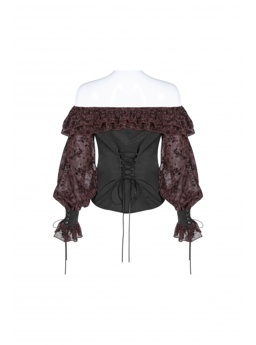 Off-Shoulder Front Chest Frill Lantern Sleeve Back Waist Lace-Up Black And Wine Red Punk Jacquard Retro Chiffon Blouse