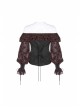 Off-Shoulder Front Chest Frill Lantern Sleeve Back Waist Lace-Up Black And Wine Red Punk Jacquard Retro Chiffon Blouse