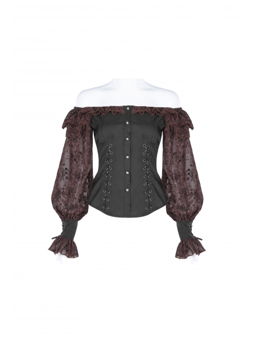 Off-Shoulder Front Chest Frill Lantern Sleeve Back Waist Lace-Up Black And Wine Red Punk Jacquard Retro Chiffon Blouse
