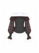 Off-Shoulder Front Chest Frill Lantern Sleeve Back Waist Lace-Up Black And Wine Red Punk Jacquard Retro Chiffon Blouse