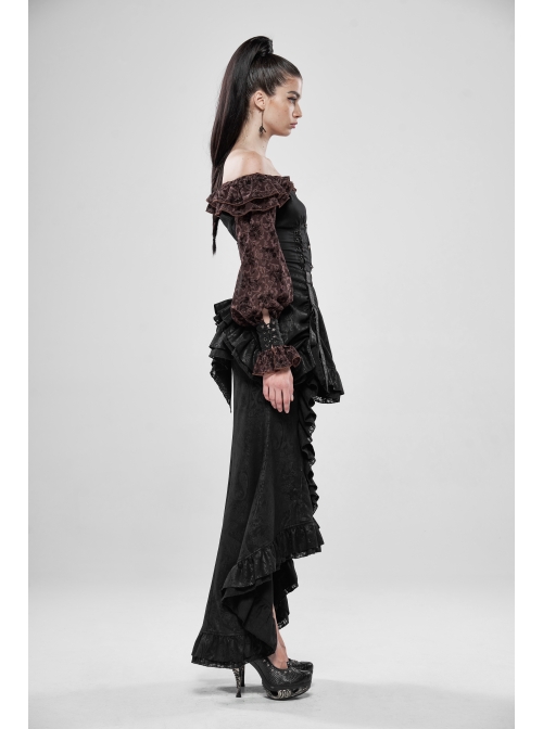 Off-Shoulder Front Chest Frill Lantern Sleeve Back Waist Lace-Up Black And Wine Red Punk Jacquard Retro Chiffon Blouse