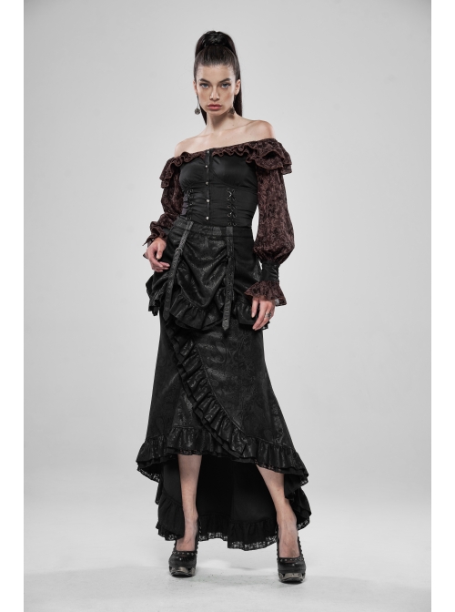 Off-Shoulder Front Chest Frill Lantern Sleeve Back Waist Lace-Up Black And Wine Red Punk Jacquard Retro Chiffon Blouse