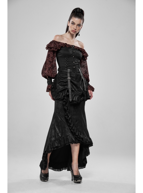 Off-Shoulder Front Chest Frill Lantern Sleeve Back Waist Lace-Up Black And Wine Red Punk Jacquard Retro Chiffon Blouse