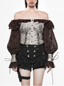 Off-Shoulder Front Chest Frill Lantern Sleeve Back Waist Lace-Up White And Wine Red Punk Jacquard Retro Chiffon Blouse
