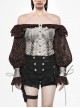 Off-Shoulder Front Chest Frill Lantern Sleeve Back Waist Lace-Up White And Wine Red Punk Jacquard Retro Chiffon Blouse