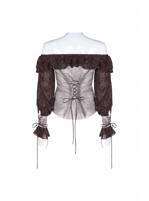 Off-Shoulder Front Chest Frill Lantern Sleeve Back Waist Lace-Up White And Wine Red Punk Jacquard Retro Chiffon Blouse