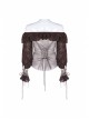 Off-Shoulder Front Chest Frill Lantern Sleeve Back Waist Lace-Up White And Wine Red Punk Jacquard Retro Chiffon Blouse