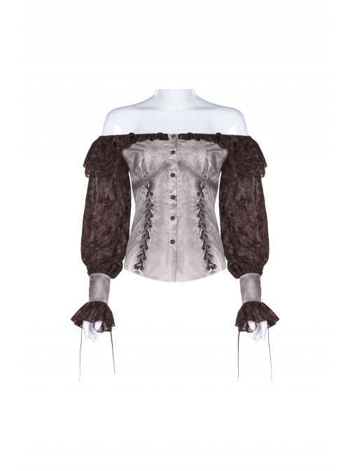 Off-Shoulder Front Chest Frill Lantern Sleeve Back Waist Lace-Up White And Wine Red Punk Jacquard Retro Chiffon Blouse