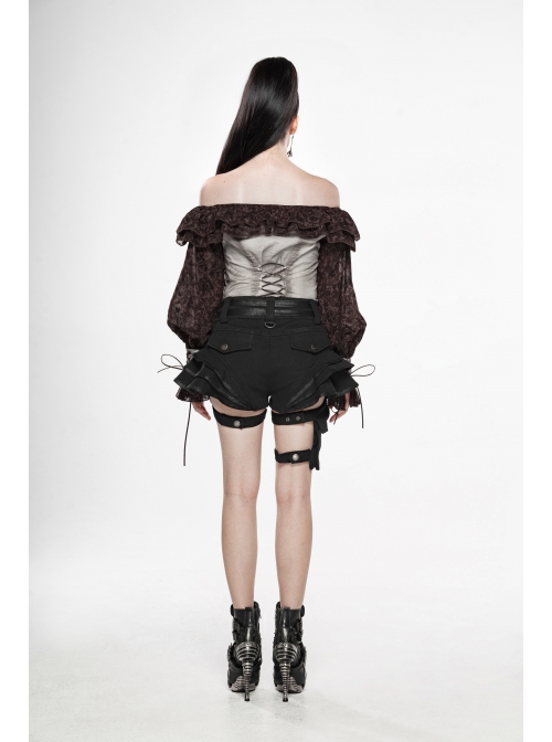 Off-Shoulder Front Chest Frill Lantern Sleeve Back Waist Lace-Up White And Wine Red Punk Jacquard Retro Chiffon Blouse
