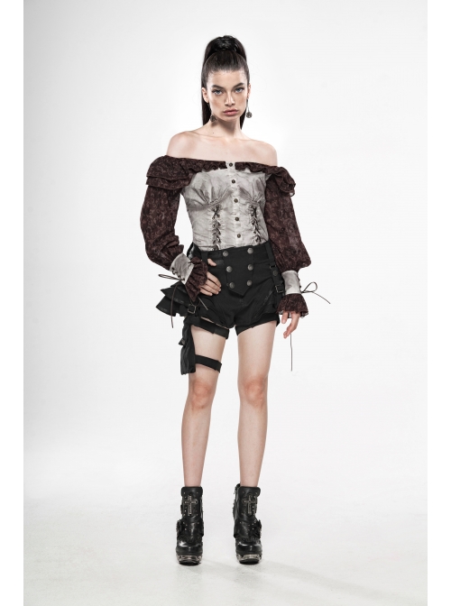 Off-Shoulder Front Chest Frill Lantern Sleeve Back Waist Lace-Up White And Wine Red Punk Jacquard Retro Chiffon Blouse
