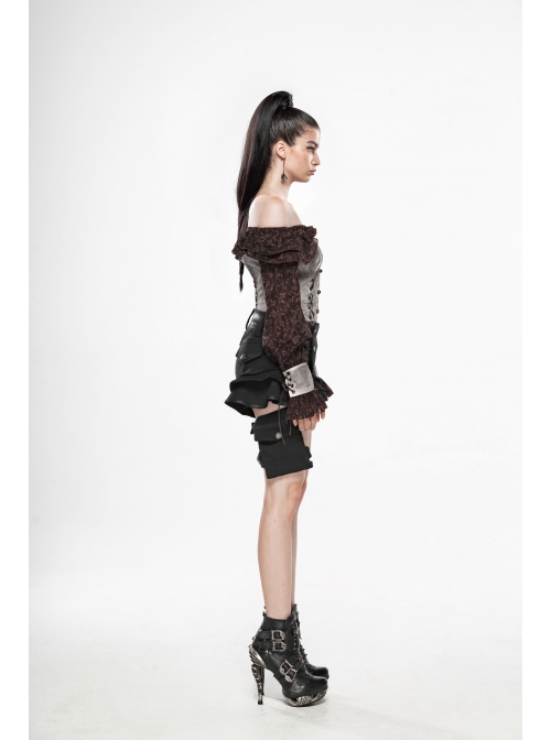 Off-Shoulder Front Chest Frill Lantern Sleeve Back Waist Lace-Up White And Wine Red Punk Jacquard Retro Chiffon Blouse
