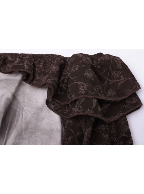 Off-Shoulder Front Chest Frill Lantern Sleeve Back Waist Lace-Up White And Wine Red Punk Jacquard Retro Chiffon Blouse