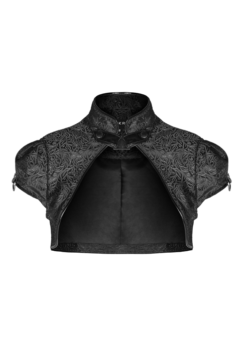 Leather Hasp High Collar Metal Rivet D-Buckle Cuff Black Gothic Jacquard Short Tops