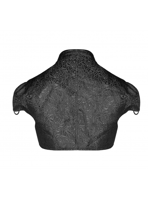 Leather Hasp High Collar Metal Rivet D-Buckle Cuff Black Gothic Jacquard Short Tops