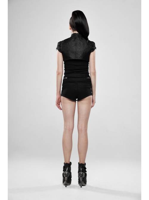 Leather Hasp High Collar Metal Rivet D-Buckle Cuff Black Gothic Jacquard Short Tops