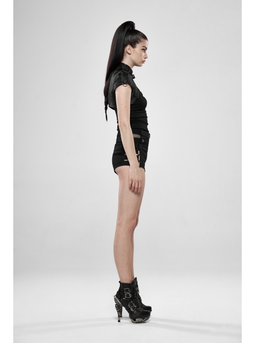 Leather Hasp High Collar Metal Rivet D-Buckle Cuff Black Gothic Jacquard Short Tops