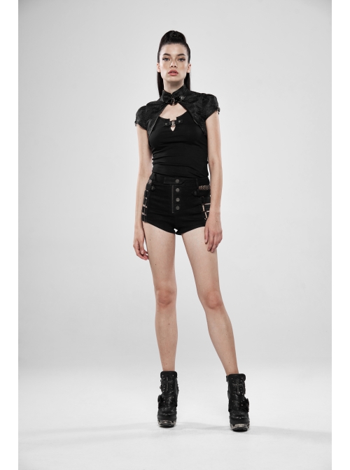 Leather Hasp High Collar Metal Rivet D-Buckle Cuff Black Gothic Jacquard Short Tops
