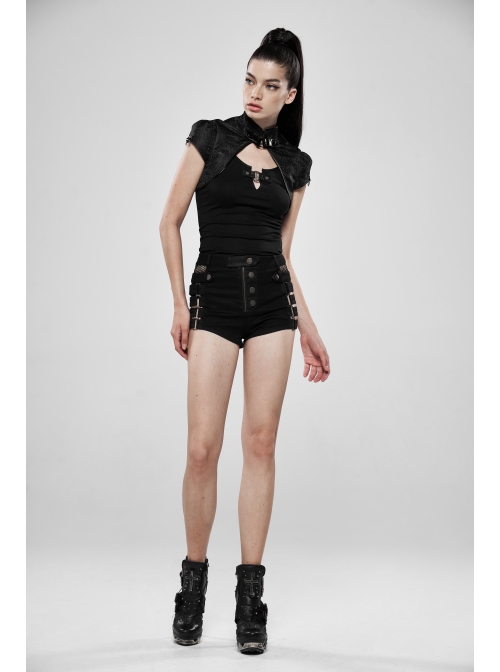 Leather Hasp High Collar Metal Rivet D-Buckle Cuff Black Gothic Jacquard Short Tops