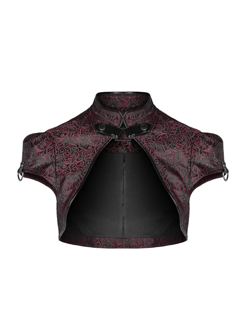 Leather Hasp High Collar Metal Rivet D-Buckle Cuff Wine Red Gothic Jacquard Short Tops