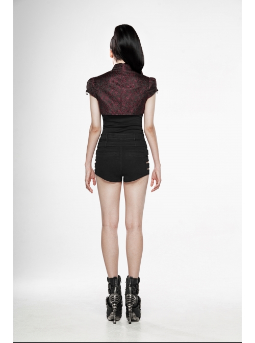 Leather Hasp High Collar Metal Rivet D-Buckle Cuff Wine Red Gothic Jacquard Short Tops