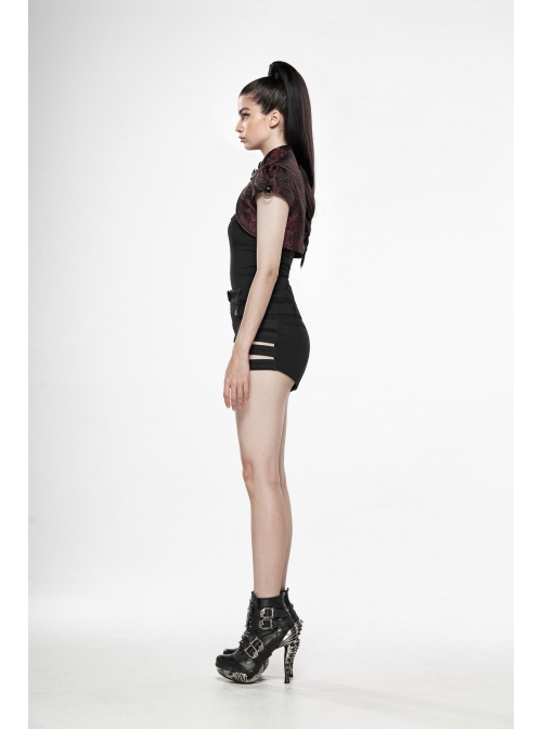 Leather Hasp High Collar Metal Rivet D-Buckle Cuff Wine Red Gothic Jacquard Short Tops