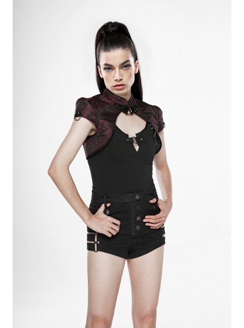 Leather Hasp High Collar Metal Rivet D-Buckle Cuff Wine Red Gothic Jacquard Short Tops