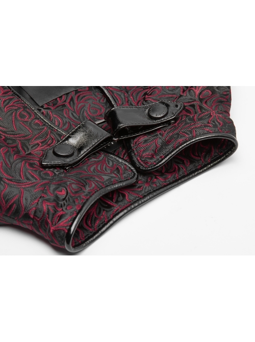 Leather Hasp High Collar Metal Rivet D-Buckle Cuff Wine Red Gothic Jacquard Short Tops
