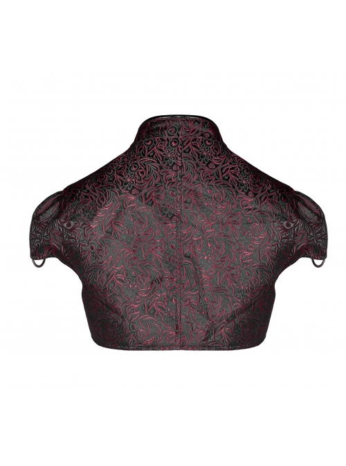 Leather Hasp High Collar Metal Rivet D-Buckle Cuff Wine Red Gothic Jacquard Short Tops