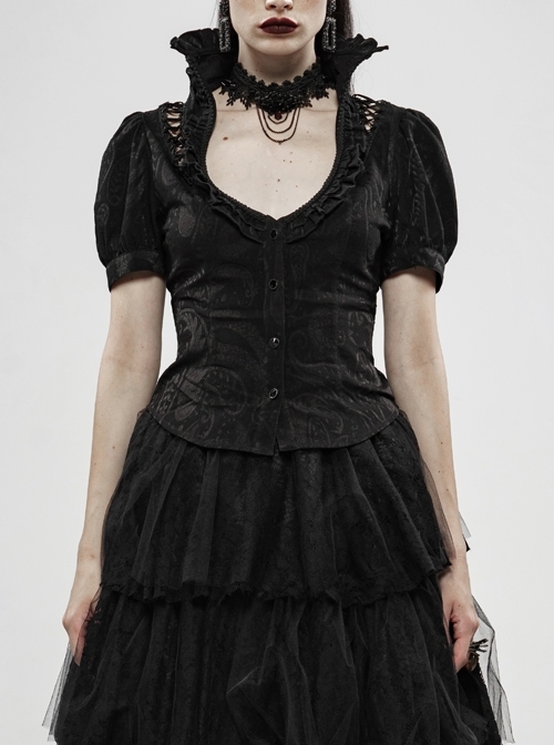 Stand-Up Collar Front Chest Frill Bubble Sleeve Shoulder Hollow-Out Strap Back Waist Lace-Up Black Gothic Light Jacquard Blouse