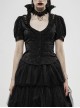 Stand-Up Collar Front Chest Frill Bubble Sleeve Shoulder Hollow-Out Strap Back Waist Lace-Up Black Gothic Light Jacquard Blouse