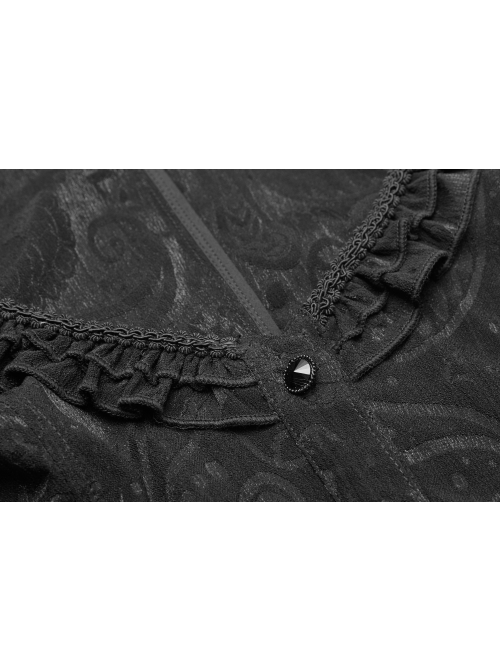 Stand-Up Collar Front Chest Frill Bubble Sleeve Shoulder Hollow-Out Strap Back Waist Lace-Up Black Gothic Light Jacquard Blouse
