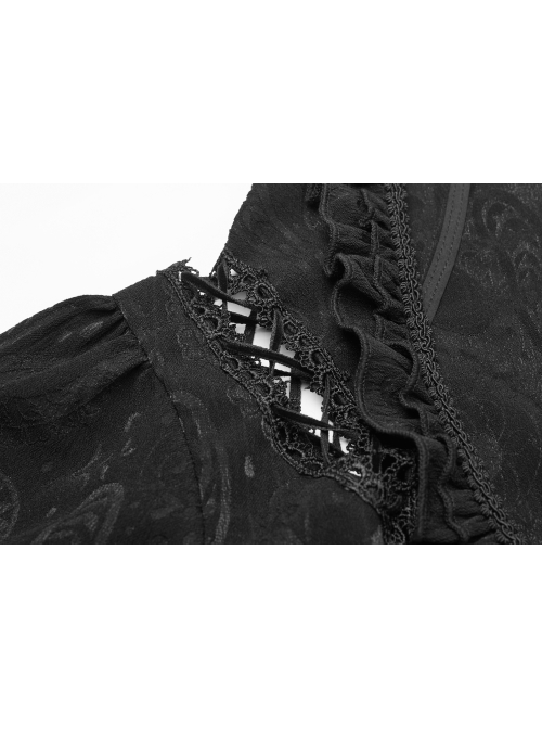 Stand-Up Collar Front Chest Frill Bubble Sleeve Shoulder Hollow-Out Strap Back Waist Lace-Up Black Gothic Light Jacquard Blouse