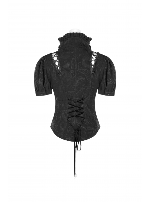 Stand-Up Collar Front Chest Frill Bubble Sleeve Shoulder Hollow-Out Strap Back Waist Lace-Up Black Gothic Light Jacquard Blouse