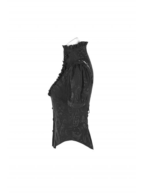 Stand-Up Collar Front Chest Frill Bubble Sleeve Shoulder Hollow-Out Strap Back Waist Lace-Up Black Gothic Light Jacquard Blouse
