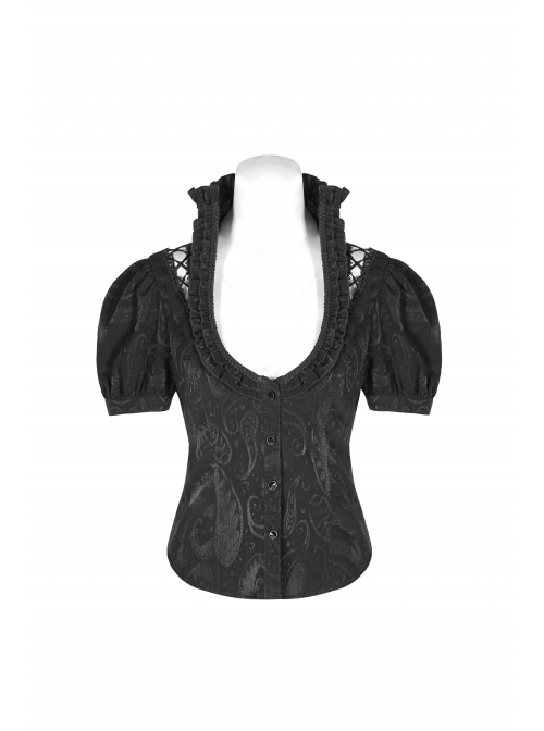 Stand-Up Collar Front Chest Frill Bubble Sleeve Shoulder Hollow-Out Strap Back Waist Lace-Up Black Gothic Light Jacquard Blouse