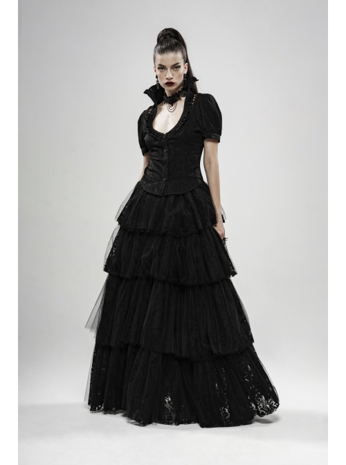 Stand-Up Collar Front Chest Frill Bubble Sleeve Shoulder Hollow-Out Strap Back Waist Lace-Up Black Gothic Light Jacquard Blouse