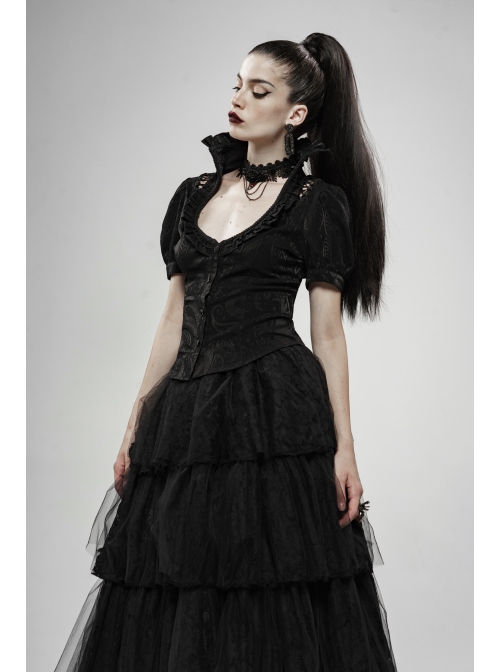 Stand-Up Collar Front Chest Frill Bubble Sleeve Shoulder Hollow-Out Strap Back Waist Lace-Up Black Gothic Light Jacquard Blouse