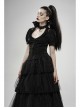 Stand-Up Collar Front Chest Frill Bubble Sleeve Shoulder Hollow-Out Strap Back Waist Lace-Up Black Gothic Light Jacquard Blouse
