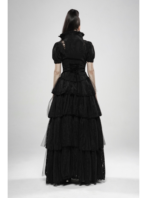 Stand-Up Collar Front Chest Frill Bubble Sleeve Shoulder Hollow-Out Strap Back Waist Lace-Up Black Gothic Light Jacquard Blouse