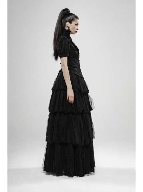 Stand-Up Collar Front Chest Frill Bubble Sleeve Shoulder Hollow-Out Strap Back Waist Lace-Up Black Gothic Light Jacquard Blouse