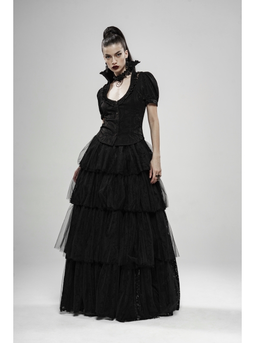 Stand-Up Collar Front Chest Frill Bubble Sleeve Shoulder Hollow-Out Strap Back Waist Lace-Up Black Gothic Light Jacquard Blouse