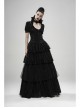 Stand-Up Collar Front Chest Frill Bubble Sleeve Shoulder Hollow-Out Strap Back Waist Lace-Up Black Gothic Light Jacquard Blouse